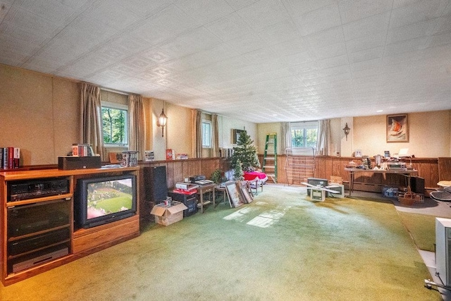 59 Giant Oak Rd, Ridge, NY 11961 - living area with carpet floors, wooden walls, and wainscoting