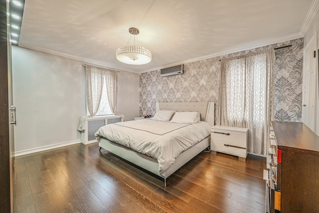bedroom featuring a wall mounted AC, crown molding, wood-type flooring, baseboards, and wallpapered walls