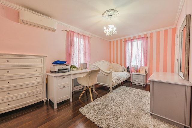 bedroom with a wall mounted AC, crown molding, wallpapered walls, dark wood-type flooring, and a notable chandelier