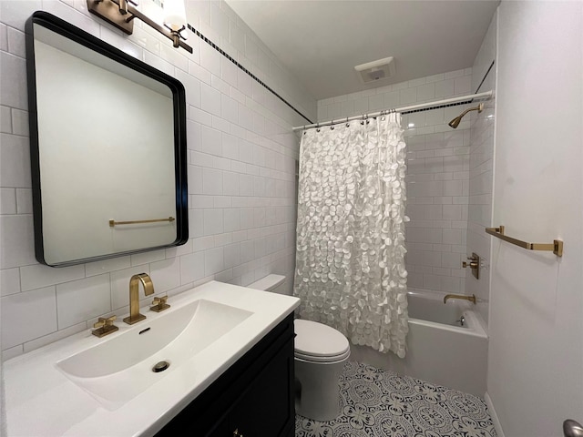 57 Hamilton Dr, Chappaqua, NY 10514 - full bathroom featuring toilet, tile walls, vanity, shower / tub combo with curtain, and tile patterned flooring