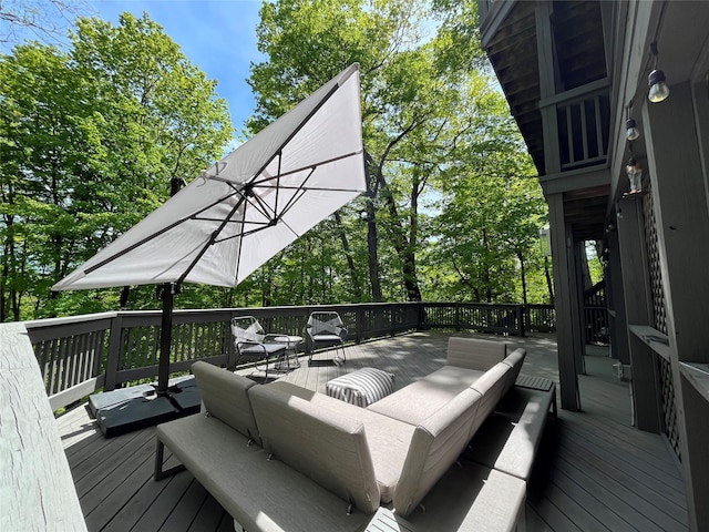 57 Hamilton Dr, Chappaqua, NY 10514 - deck featuring an outdoor hangout area and view of wooded area