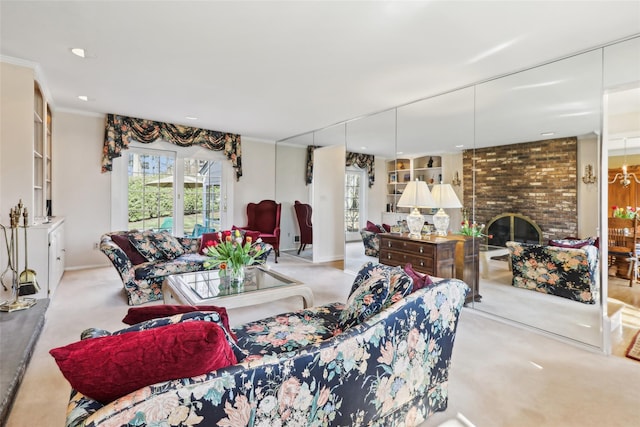 carpeted living room featuring recessed lighting and a brick fireplace