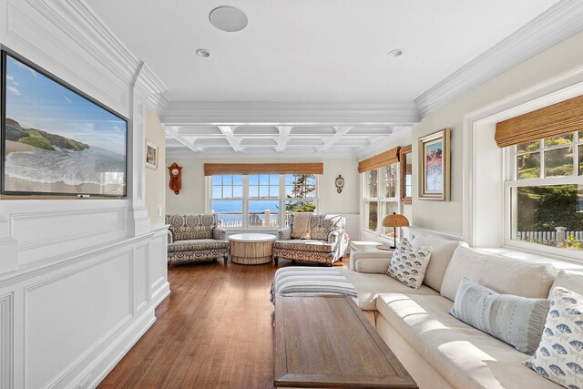 356 Bay Ave, Huntington Bay, NY 11743 - living area with coffered ceiling, crown molding, wood finished floors, and beam ceiling