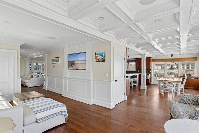 356 Bay Ave, Huntington Bay, NY 11743 - living area with decorative columns, beam ceiling, ornamental molding, and plenty of natural light