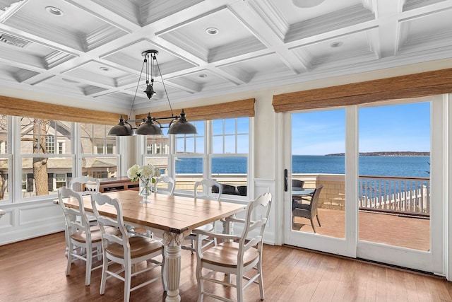 356 Bay Ave, Huntington Bay, NY 11743 - sunroom featuring coffered ceiling, hardwood / wood-style floors, a wealth of natural light, and a water view