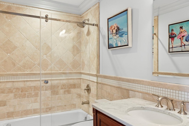 356 Bay Ave, Huntington Bay, NY 11743 - bathroom with crown molding, vanity, and bath / shower combo with glass door