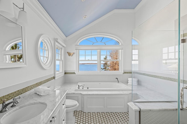 356 Bay Ave, Huntington Bay, NY 11743 - bathroom with a garden tub, ornamental molding, vaulted ceiling, a water view, and toilet