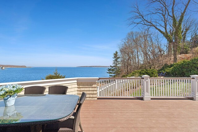 356 Bay Ave, Huntington Bay, NY 11743 - wooden deck featuring a water view and outdoor dining space