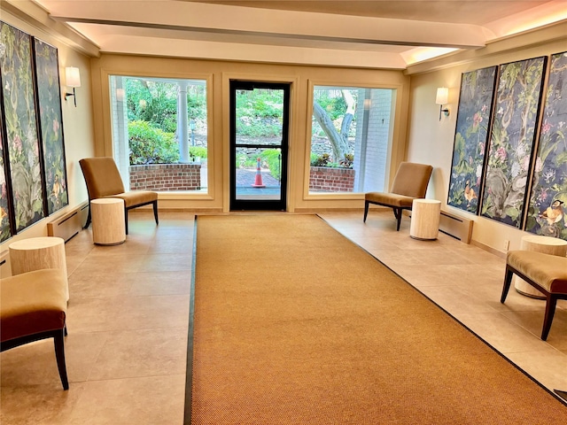 2 Townhouse Pl Unit 3N, Great Neck, NY 11021 - sunroom with tile patterned flooring, a baseboard heating unit, and beamed ceiling