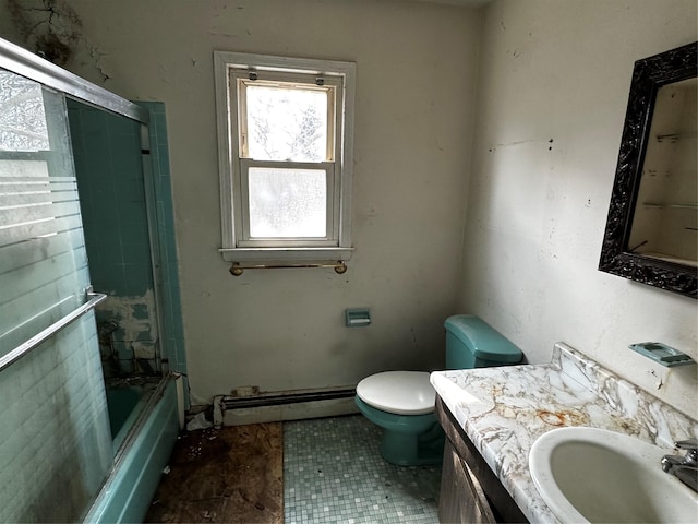74 Jerusalem Ave, Massapequa, NY 11758 - full bath with toilet, vanity, baseboard heating, tile patterned flooring, and shower / bath combination with glass door