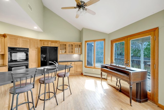 64 Turtle Cove Dr, Southampton, NY 11968 - kitchen with a baseboard radiator, light brown cabinets, glass insert cabinets, a sink, and black appliances