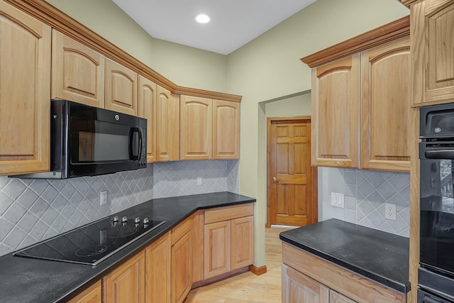 64 Turtle Cove Dr, Southampton, NY 11968 - kitchen featuring backsplash, light wood-type flooring, light brown cabinets, dark countertops, and black appliances