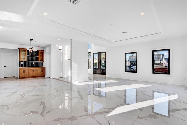 3585 Martha Blvd, Bethpage, NY 11714 - living area featuring stairway, a raised ceiling, marble finish floor, visible vents, and recessed lighting