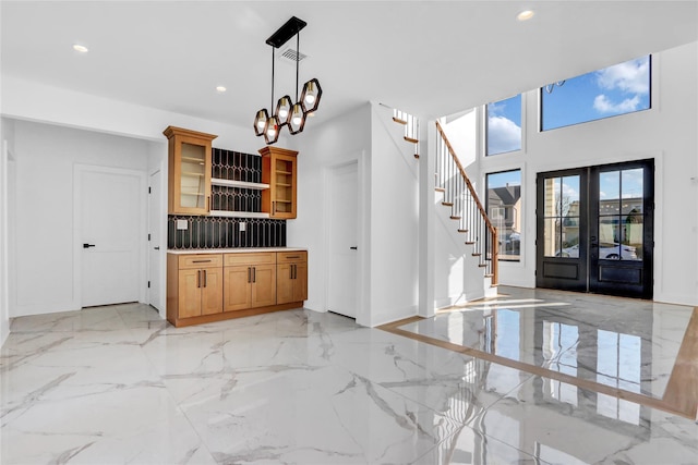 3585 Martha Blvd, Bethpage, NY 11714 - kitchen with marble finish floor, hanging light fixtures, open shelves, and recessed lighting