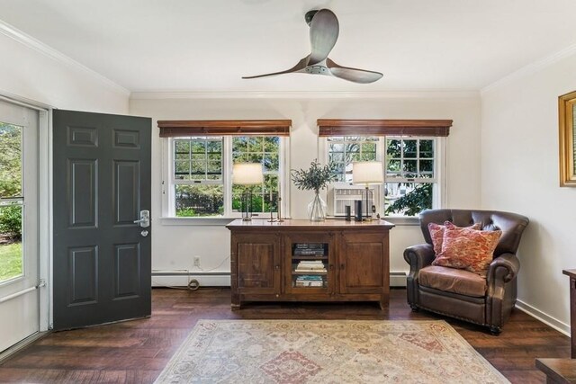 3320 Oregon Rd, Mattituck, NY 11952 - sitting room featuring a baseboard heating unit, crown molding, wood finished floors, and a ceiling fan