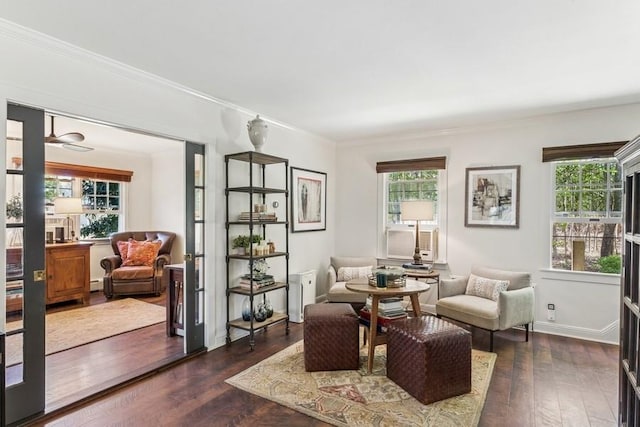 3320 Oregon Rd, Mattituck, NY 11952 - sitting room featuring hardwood / wood-style floors, crown molding, a baseboard heating unit, baseboards, and cooling unit