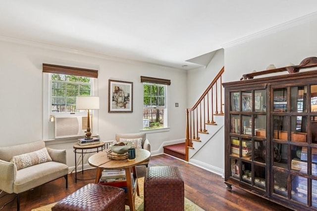 3320 Oregon Rd, Mattituck, NY 11952 - living area featuring healthy amount of natural light, stairs, crown molding, dark wood finished floors, and baseboards