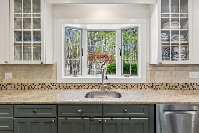 3320 Oregon Rd, Mattituck, NY 11952 - kitchen with dishwasher, a sink, glass insert cabinets, light stone countertops, and backsplash