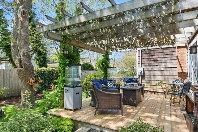 3320 Oregon Rd, Mattituck, NY 11952 - wooden terrace featuring a fenced backyard and a pergola