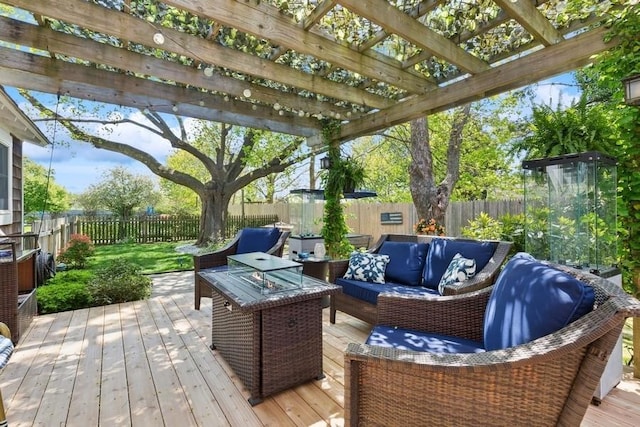 3320 Oregon Rd, Mattituck, NY 11952 - wooden terrace featuring an outdoor living space, a fenced backyard, and a pergola