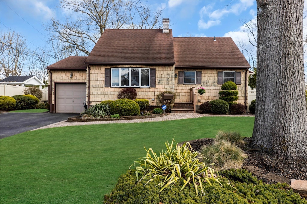 41 Millford Ln, Centereach, NY 11720 - cape cod-style house with a garage, a chimney, roof with shingles, a front yard, and driveway