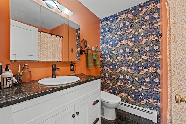 full bath with toilet, a baseboard radiator, vanity, and a shower with curtain