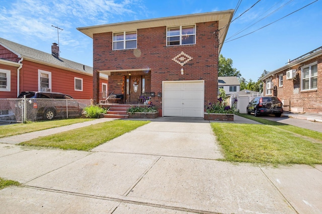 13506 62nd Rd, Flushing, NY 11367 - view of front of property featuring a garage, brick siding, concrete driveway, and an AC wall unit