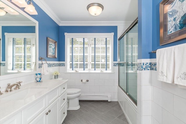 full bath with ornamental molding, plenty of natural light, and a baseboard heating unit