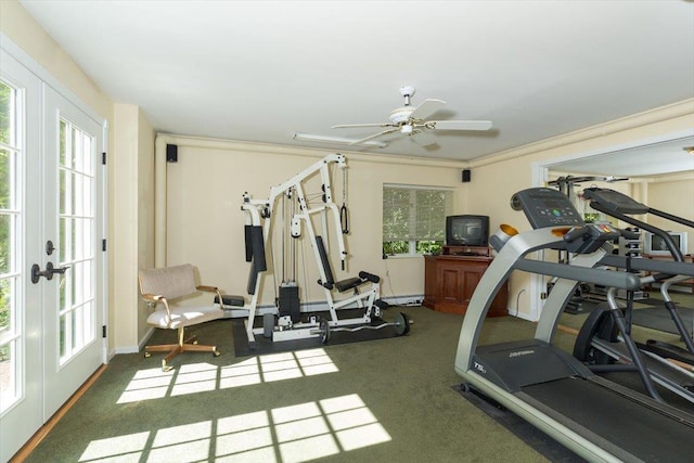 workout area featuring french doors, baseboards, and a ceiling fan