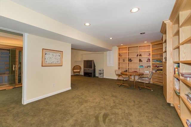 interior space with recessed lighting, dark colored carpet, and baseboards