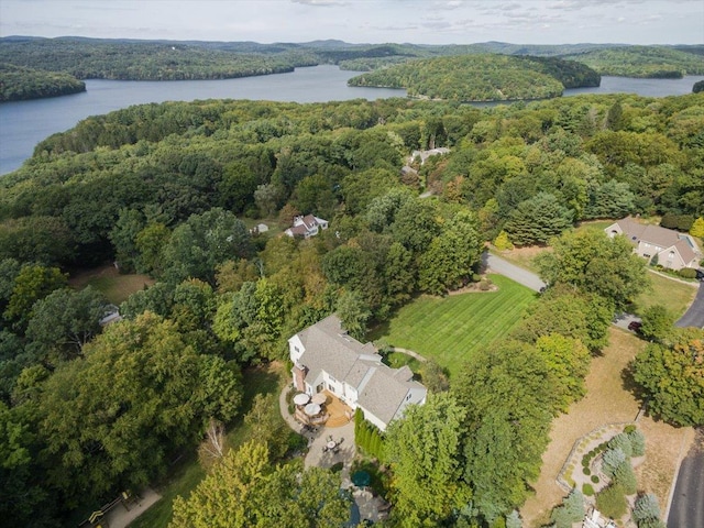 birds eye view of property featuring a wooded view and a water view