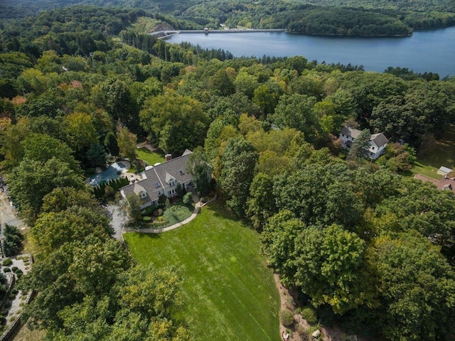 aerial view with a view of trees and a water view