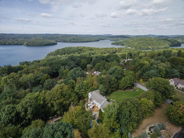 birds eye view of property featuring a wooded view and a water view