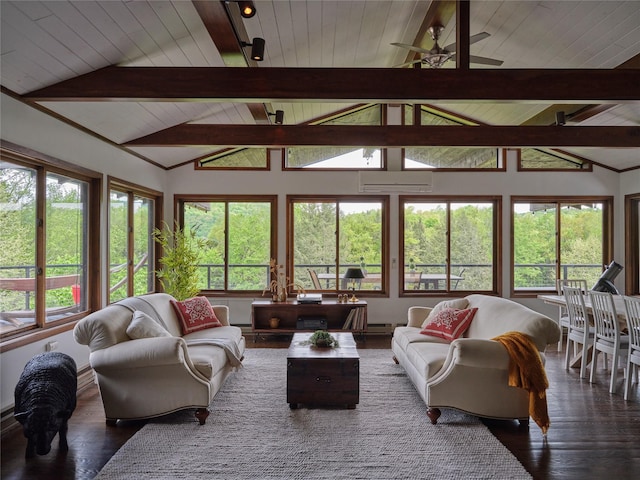 65 Deuner Hill Rd, Callicoon Center, NY 12723 - living room featuring wood finished floors, wood ceiling, a ceiling fan, and a wall mounted air conditioner