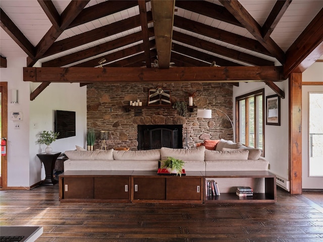 65 Deuner Hill Rd, Callicoon Center, NY 12723 - living room with dark wood finished floors, wooden ceiling, a baseboard heating unit, a stone fireplace, and baseboards