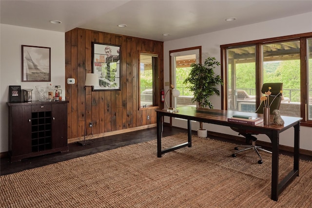 65 Deuner Hill Rd, Callicoon Center, NY 12723 - office featuring baseboards, wood walls, recessed lighting, and dark wood-style floors
