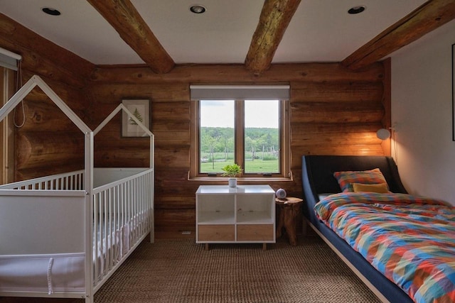649 County Road 95, North Branch, NY 12766 - carpeted bedroom featuring beamed ceiling, recessed lighting, and rustic walls
