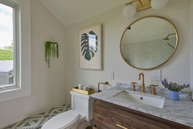 649 County Road 95, North Branch, NY 12766 - bathroom with vanity, plenty of natural light, vaulted ceiling, and tiled shower