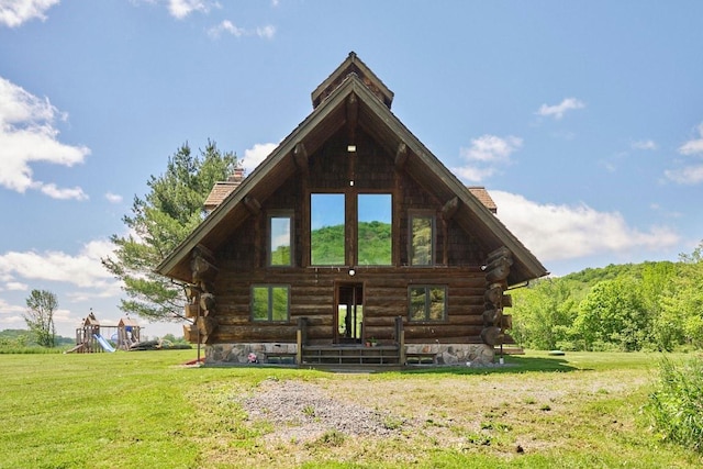 649 County Road 95, North Branch, NY 12766 - back of property featuring log exterior, a lawn, and a chimney