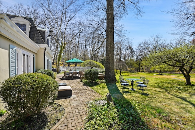 view of yard with a patio area and outdoor dining space