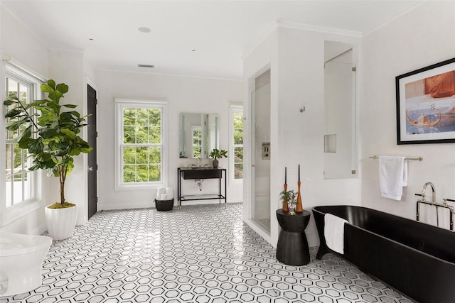 interior space with visible vents, a shower stall, baseboards, ornamental molding, and a freestanding bath
