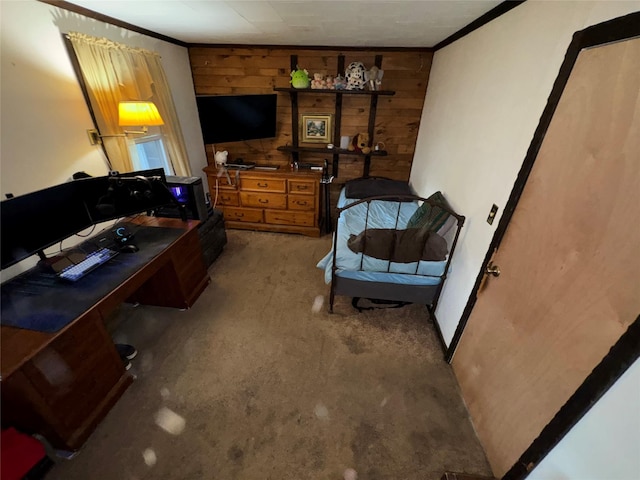 524 Polaris St, North Babylon, NY 11703 - bedroom featuring wooden walls, carpet floors, and crown molding