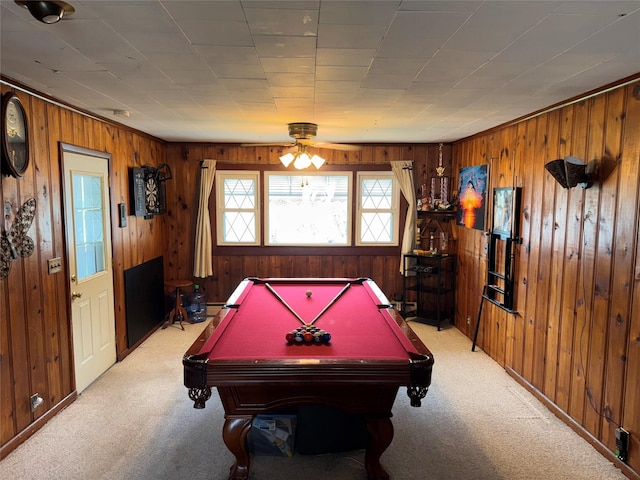 524 Polaris St, North Babylon, NY 11703 - playroom with light colored carpet, wooden walls, billiards table, and a ceiling fan