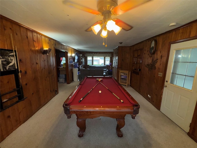524 Polaris St, North Babylon, NY 11703 - playroom with wood walls, carpet flooring, pool table, and a ceiling fan