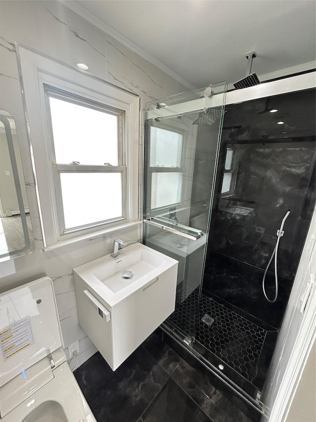22 Peacock Ln, Levittown, NY 11756 - full bath featuring ornamental molding, a marble finish shower, and vanity