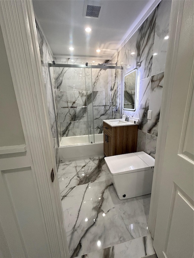 22 Peacock Ln, Levittown, NY 11756 - full bath featuring visible vents, marble finish floor, toilet, recessed lighting, and vanity