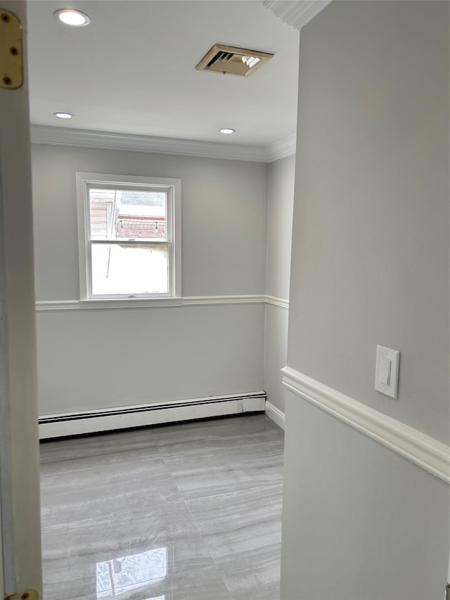 22 Peacock Ln, Levittown, NY 11756 - spare room featuring recessed lighting, crown molding, visible vents, and baseboard heating