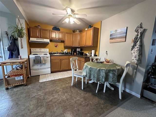 kitchen featuring ventilation hood, dark countertops, a ceiling fan, a sink, and white range with electric cooktop