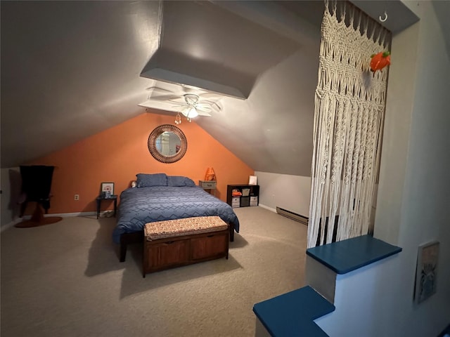 carpeted bedroom featuring lofted ceiling, baseboards, and a baseboard radiator
