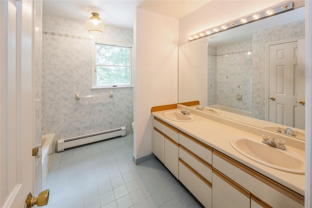 3 Benjamin Ct, Ardsley, NY 10502 - full bathroom with baseboard heating, tile patterned floors, double vanity, toilet, and bathing tub / shower combination